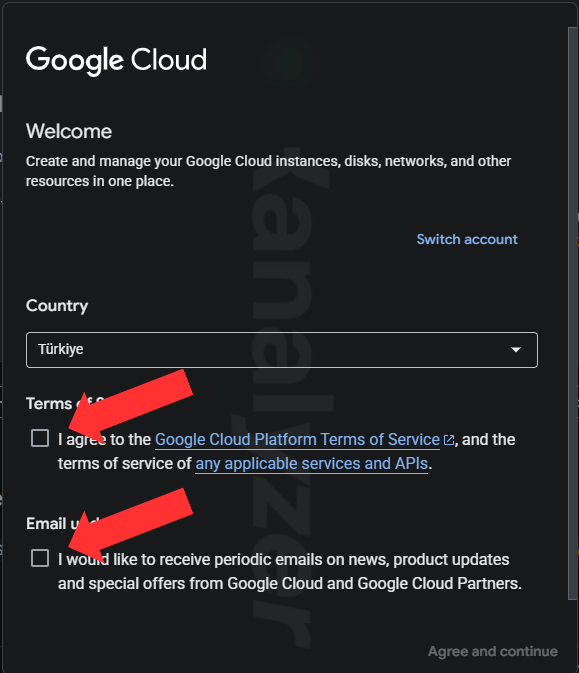 Google Cloud ilk karşılama ekranında ülke ve şartlar onayı