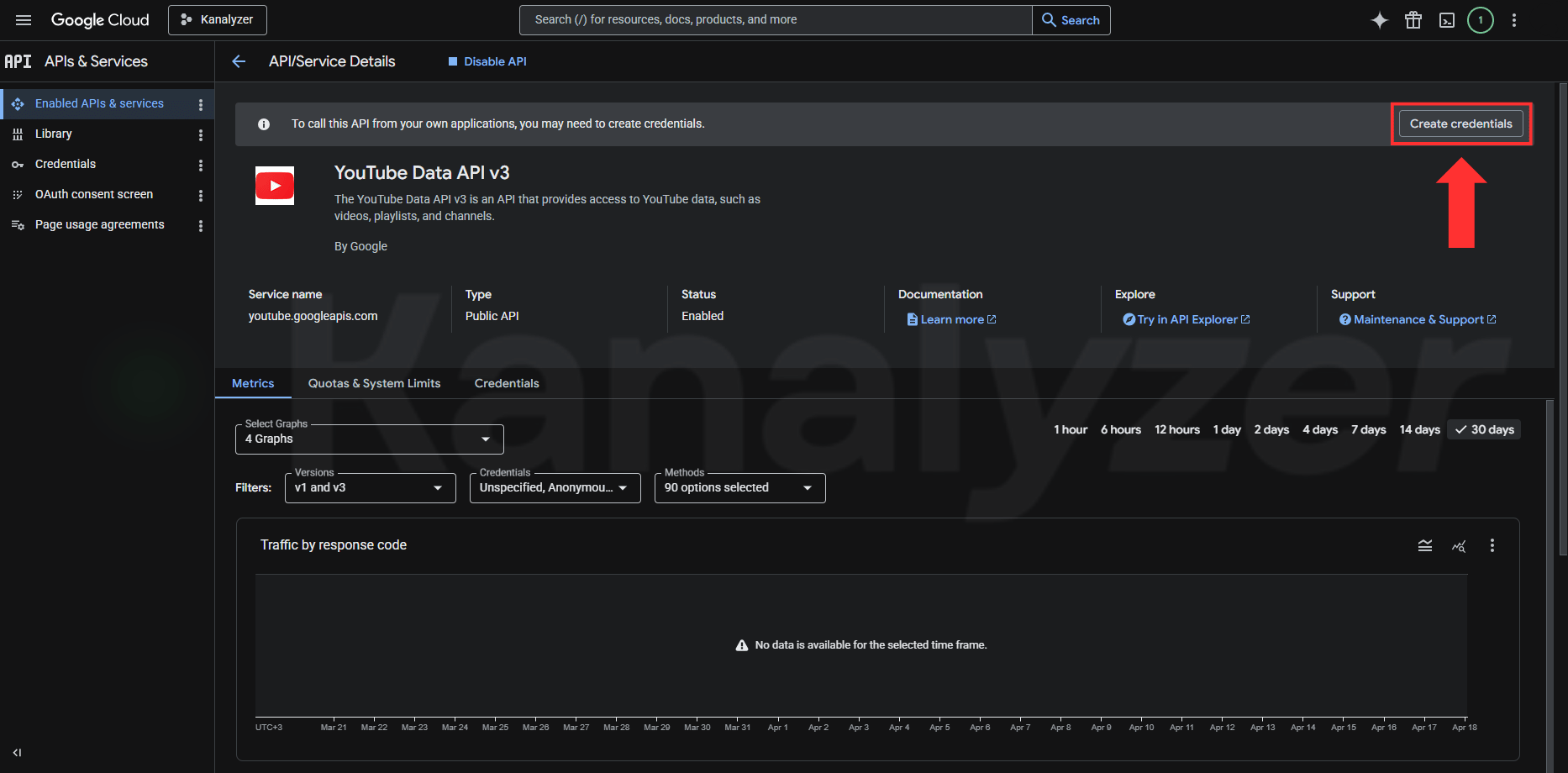 API detay ekranında Create credentials düğmesi