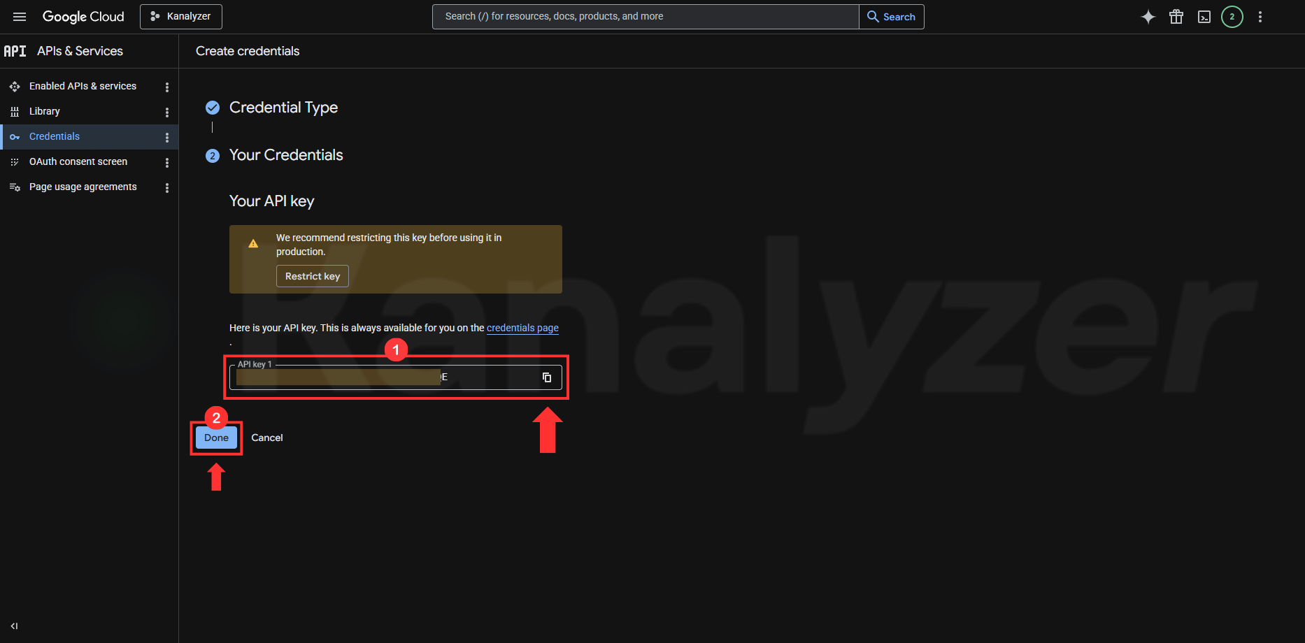 Oluşturulan API key’i kopyalama ve Done düğmesi