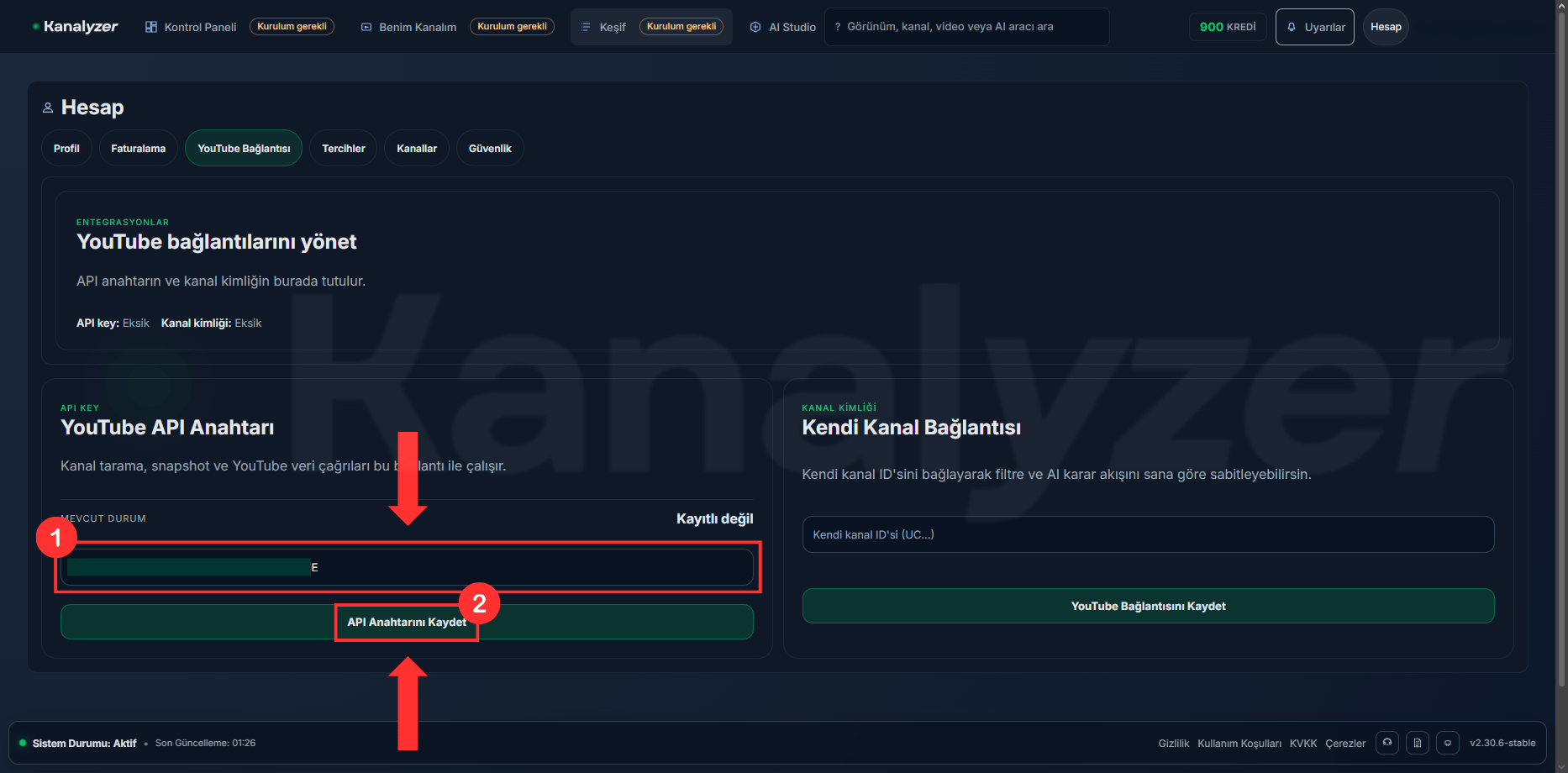 Kanalyzer içinde YouTube API anahtarını yapıştırıp kaydetme