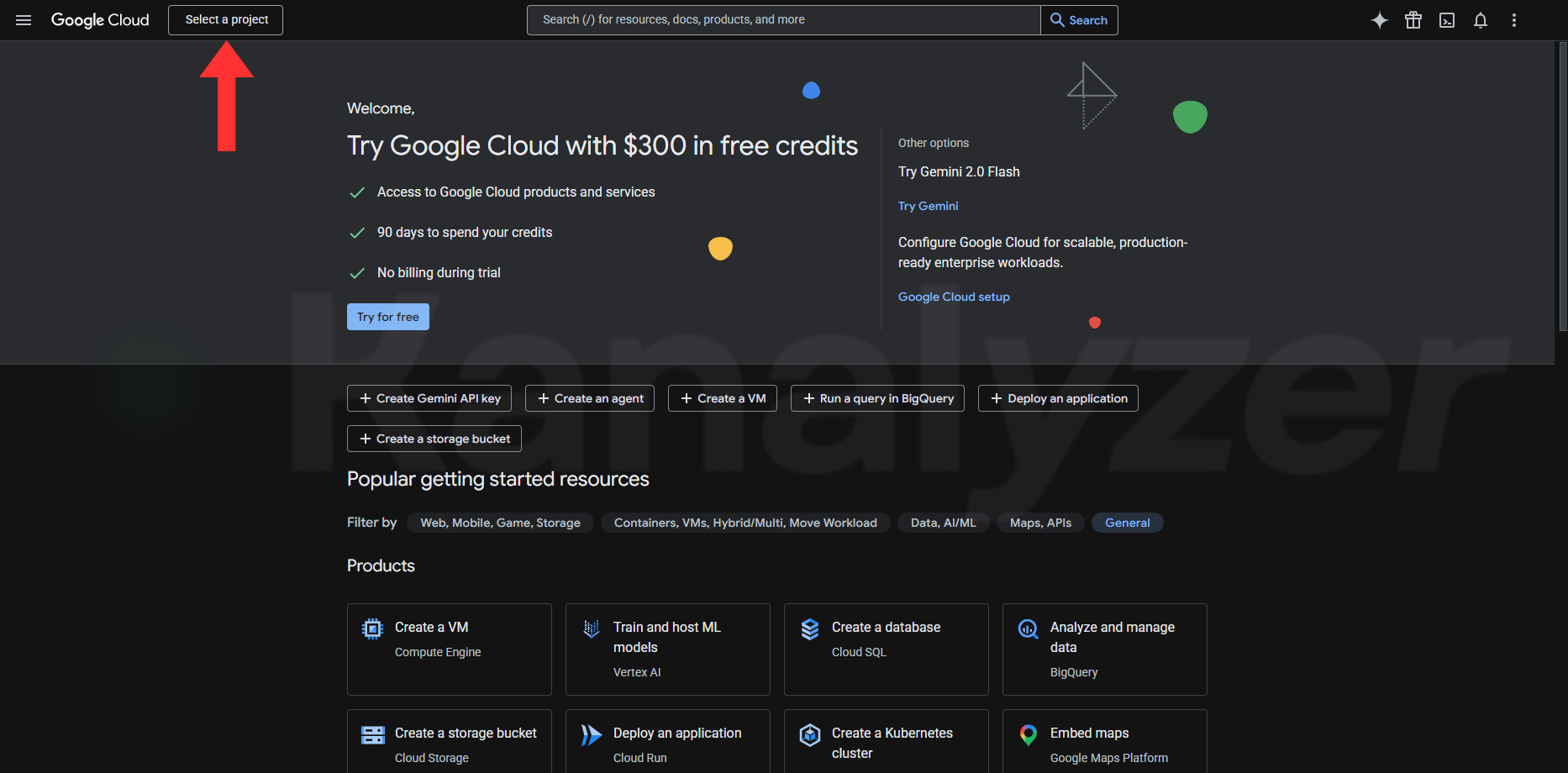 Google Cloud üst menüsünde proje seçici düğmesi