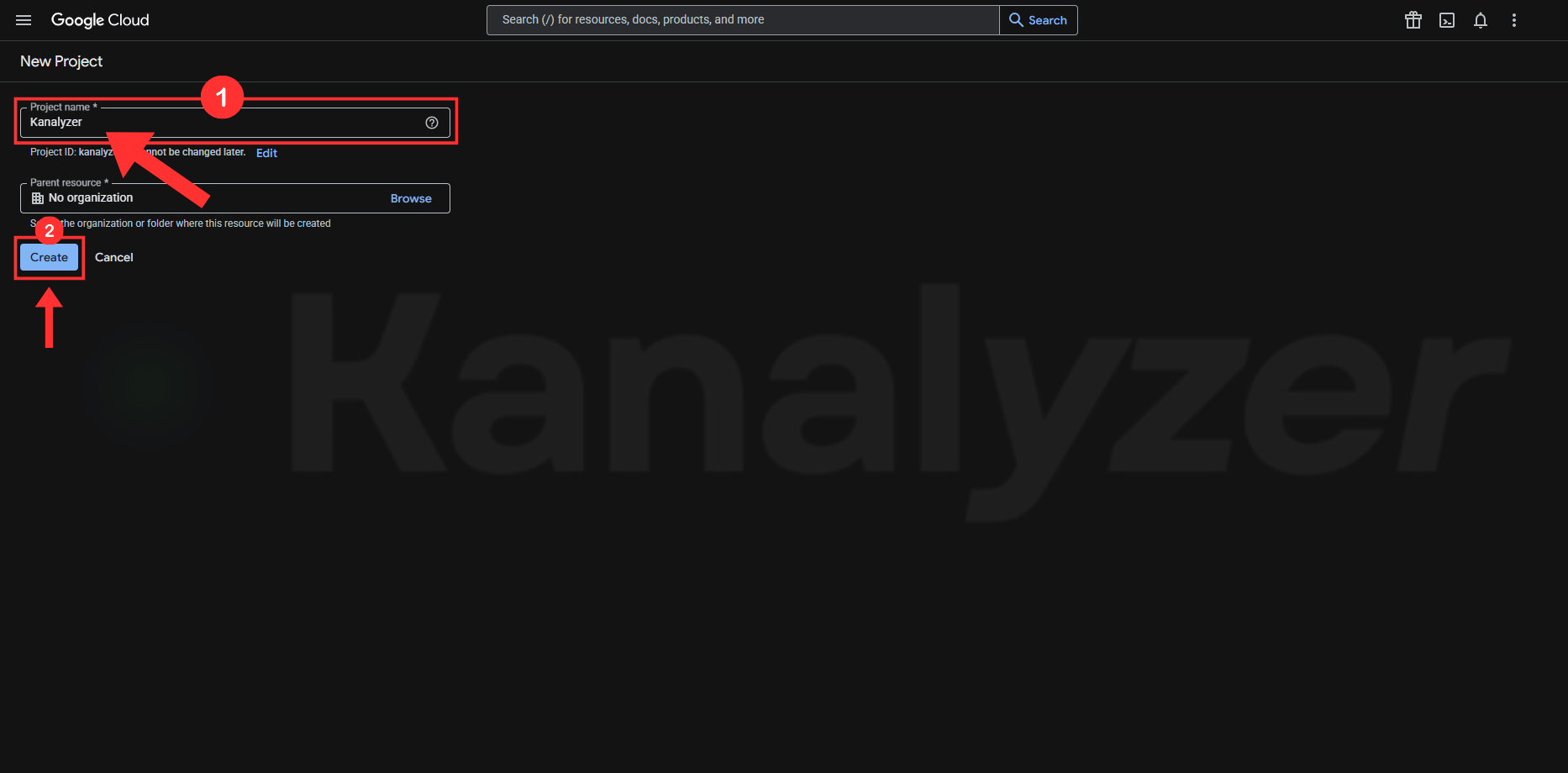 Yeni proje ekranında proje adı ve Create düğmesi