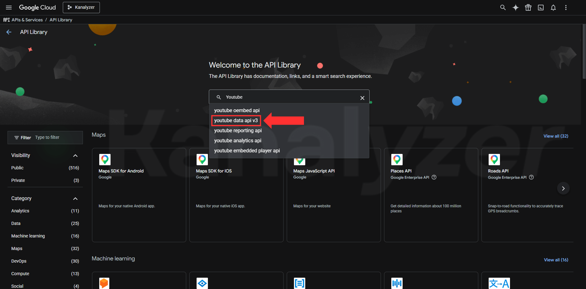 API Library aramasında youtube data api v3 sonucu